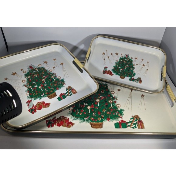 VTG 3 Pc Lacquered Merry Christmas Nesting Trays Hand Decorated w/ box Japan - Picture 2 of 16
